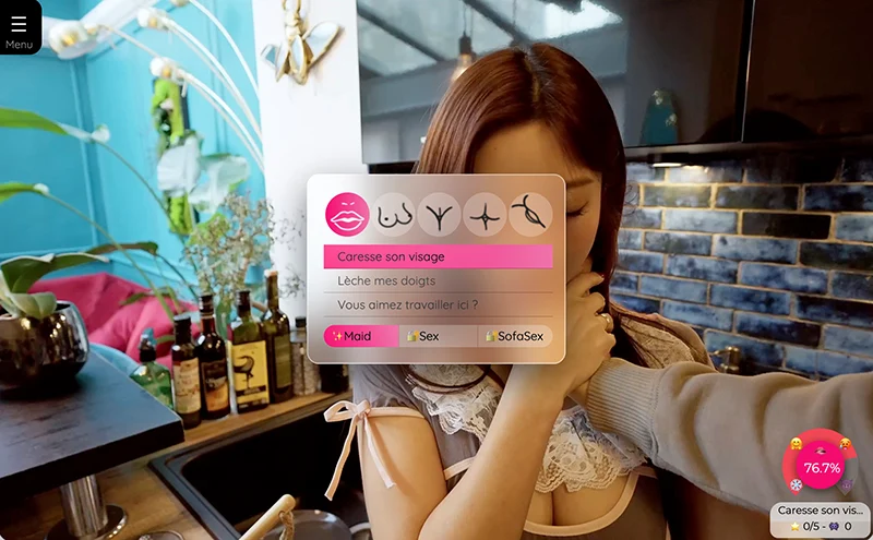 Interface Qwinky montrant un jeu porno interactif avec choix du joueur pendant une quête POV